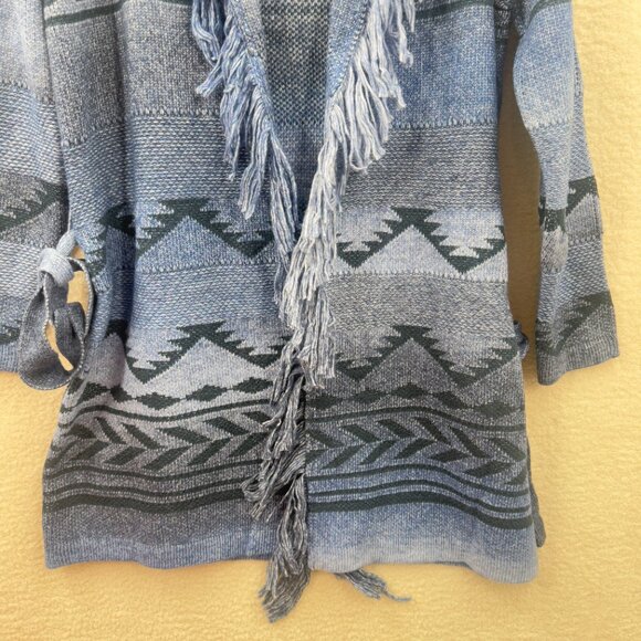 Badgley mischka Blue black Jacquard knit Shawl Belted Fringe long cardigan L NWT - Picture 6 of 12